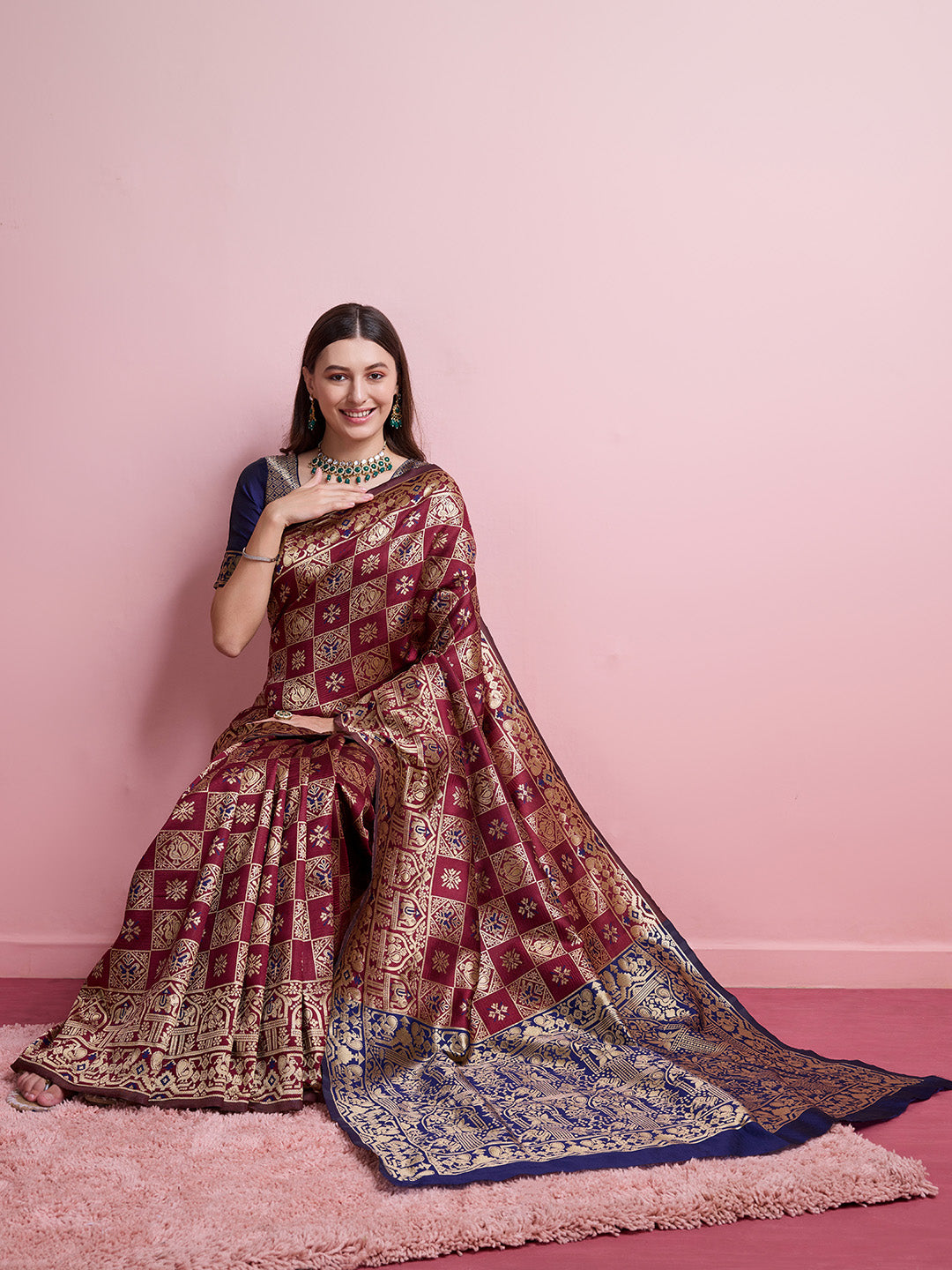 DrapeKatha Crimson Grace – Digital Print Banarasi Silk Blend Saree