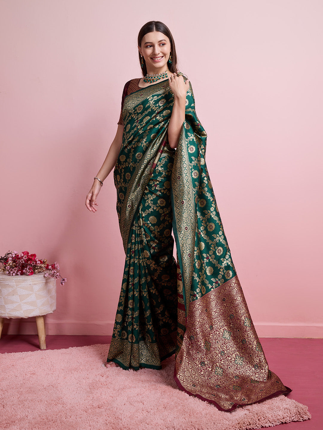 DrapeKatha Neem Elegance – Digital Print Banarasi Silk Blend Saree