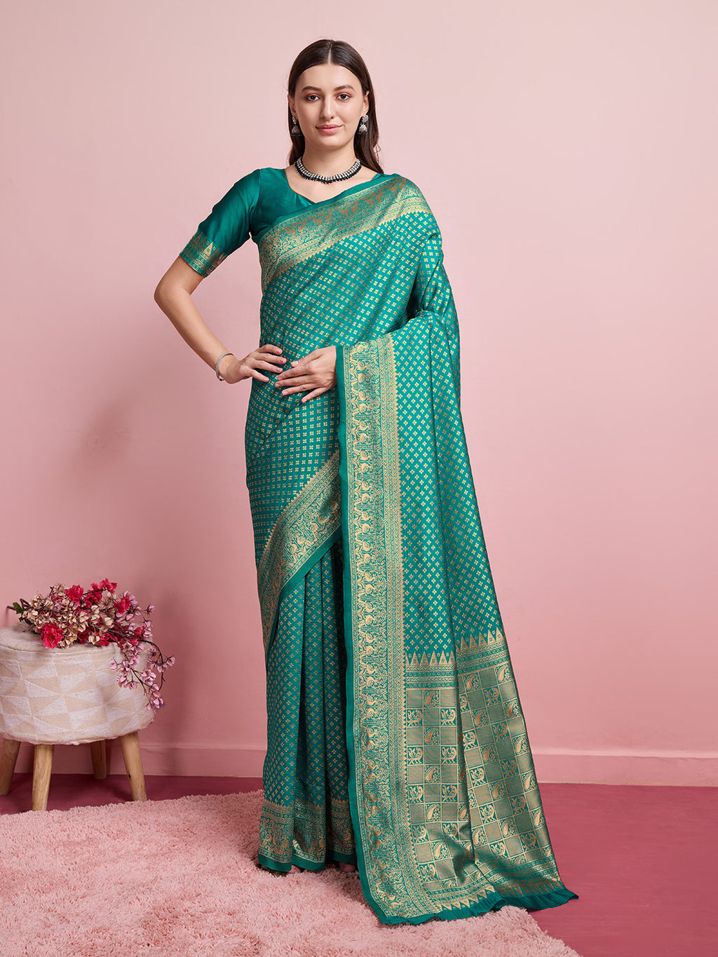 DrapeKatha Meadow Radiance – Jari Weaved Banarasi Silk Blend Saree