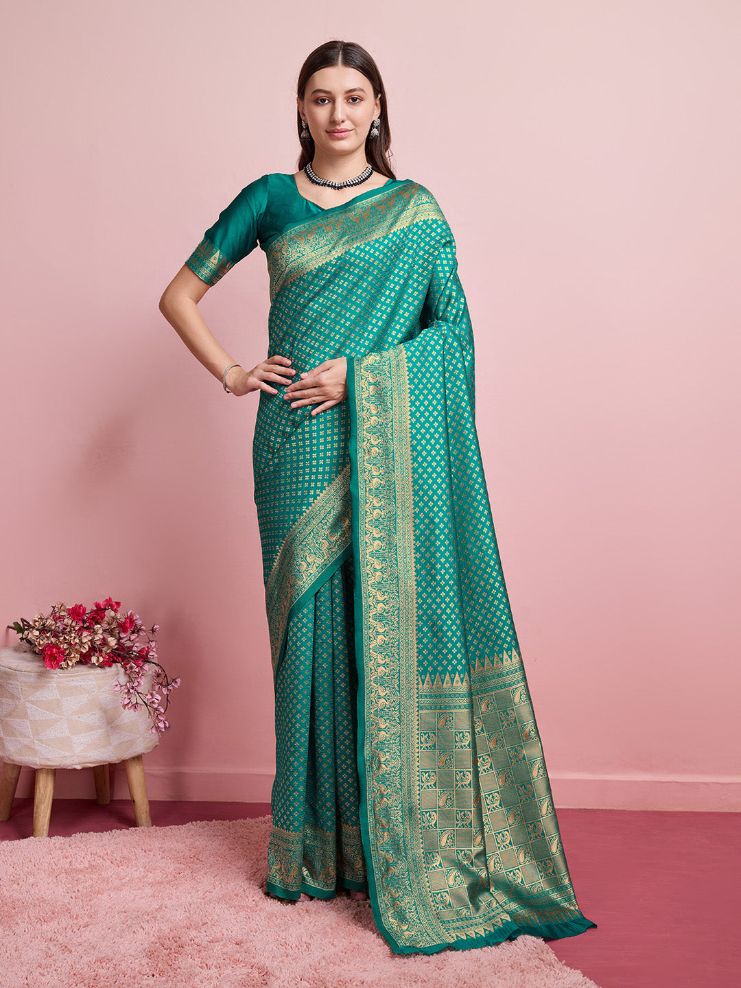 DrapeKatha Meadow Radiance – Jari Weaved Banarasi Silk Blend Saree