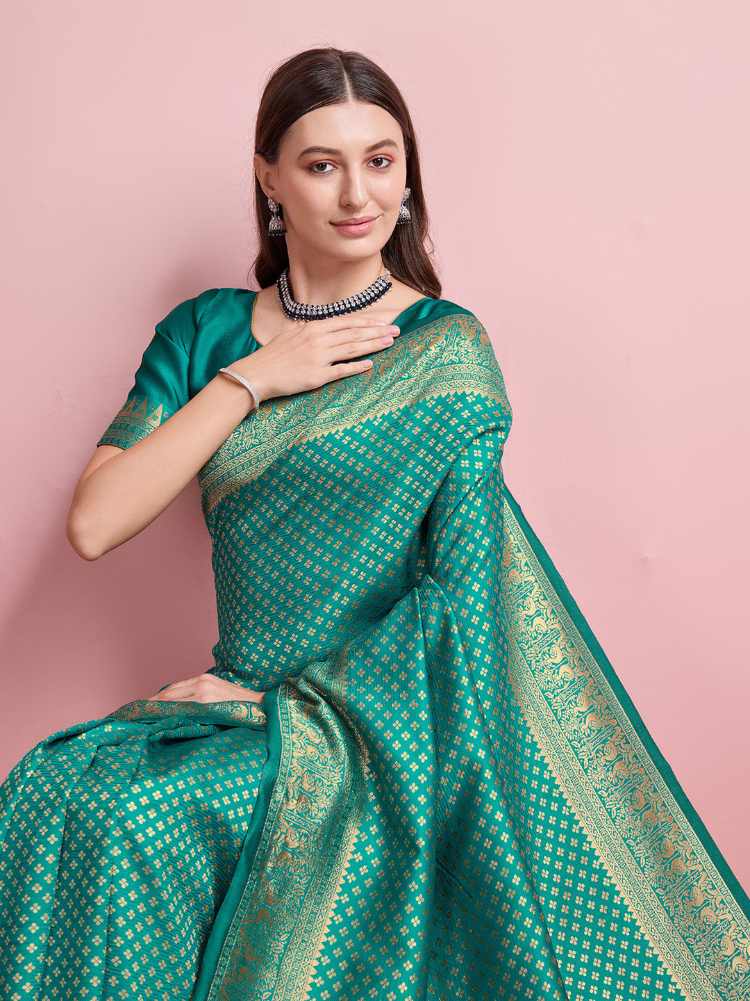 DrapeKatha Meadow Radiance – Jari Weaved Banarasi Silk Blend Saree