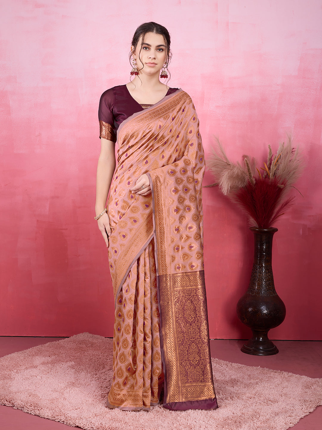 DrapeKatha Rose Reverie – Woven Bollywood Pure Silk Saree