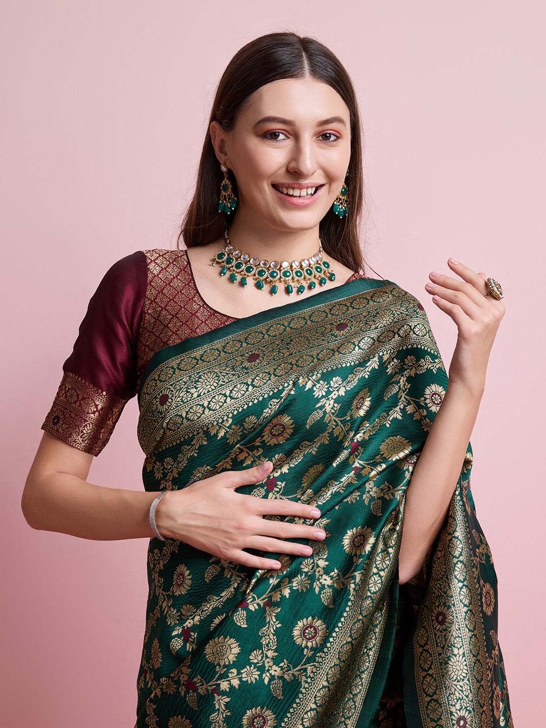DrapeKatha Neem Elegance – Digital Print Banarasi Silk Blend Saree