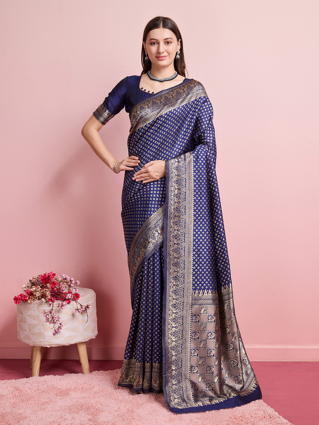 DrapeKatha Midnight Bloom – Jari Weaved Banarasi Silk Blend Saree