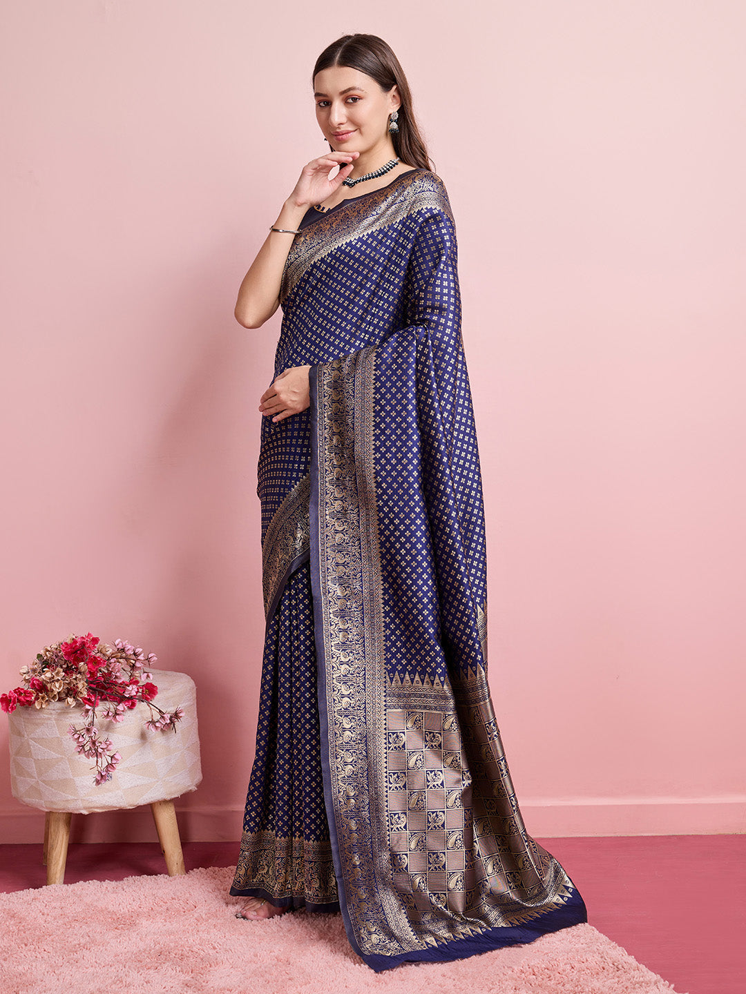 DrapeKatha Midnight Bloom – Jari Weaved Banarasi Silk Blend Saree