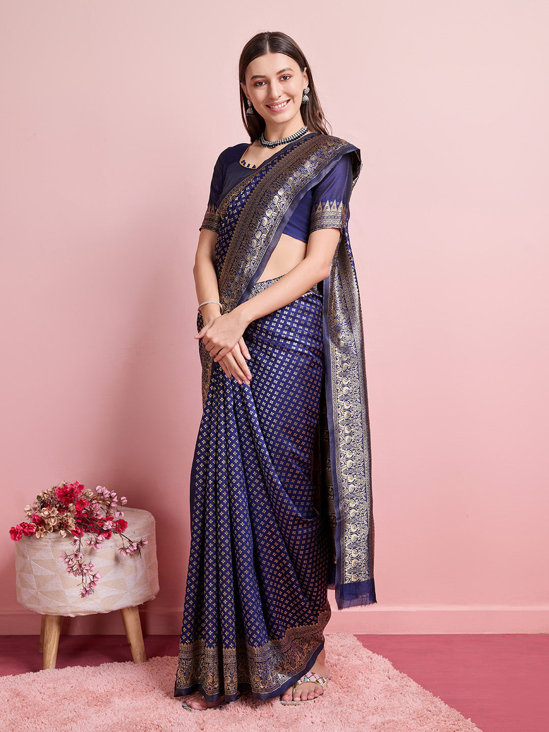 DrapeKatha Midnight Bloom – Jari Weaved Banarasi Silk Blend Saree
