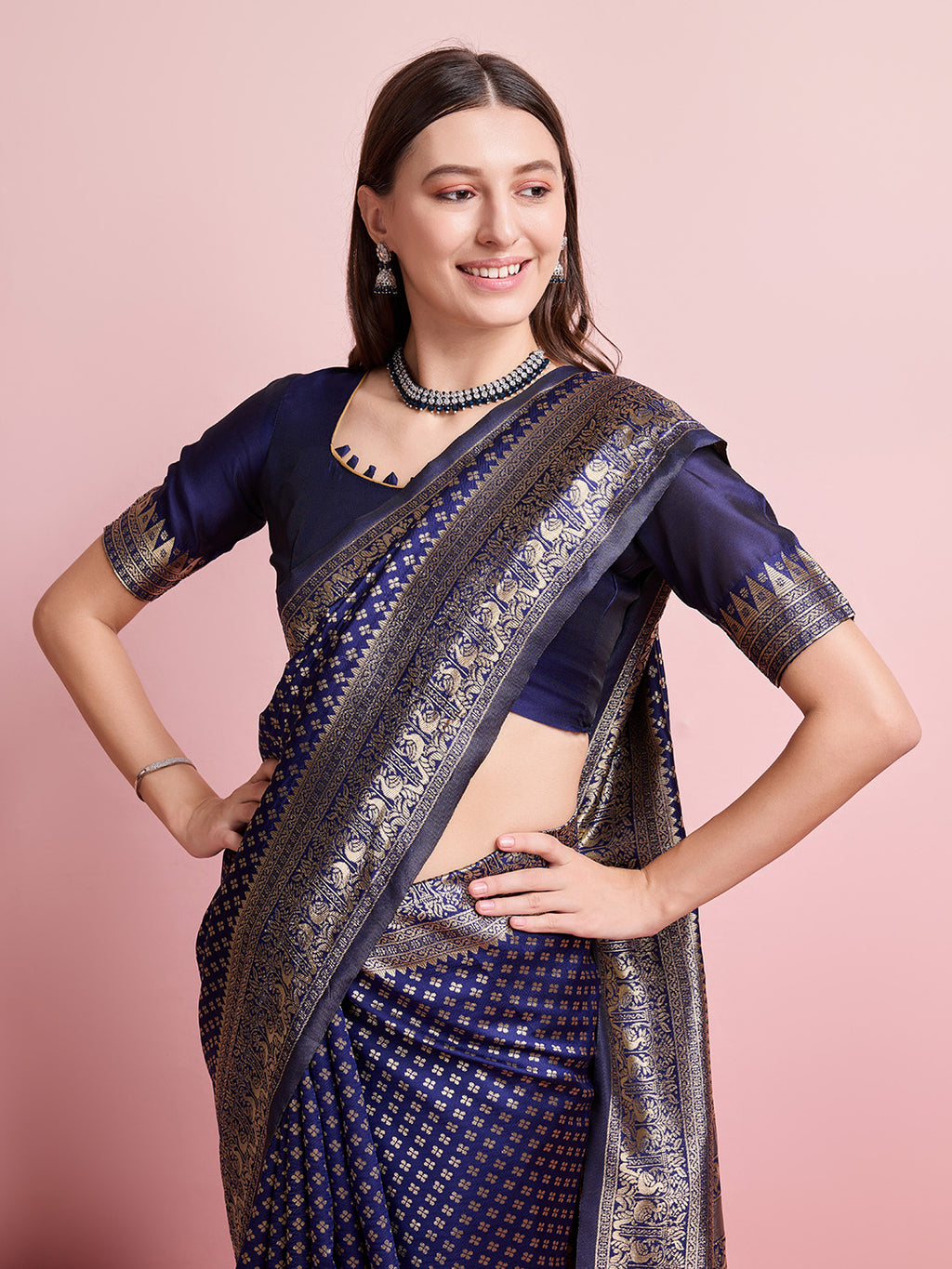 DrapeKatha Midnight Bloom – Jari Weaved Banarasi Silk Blend Saree