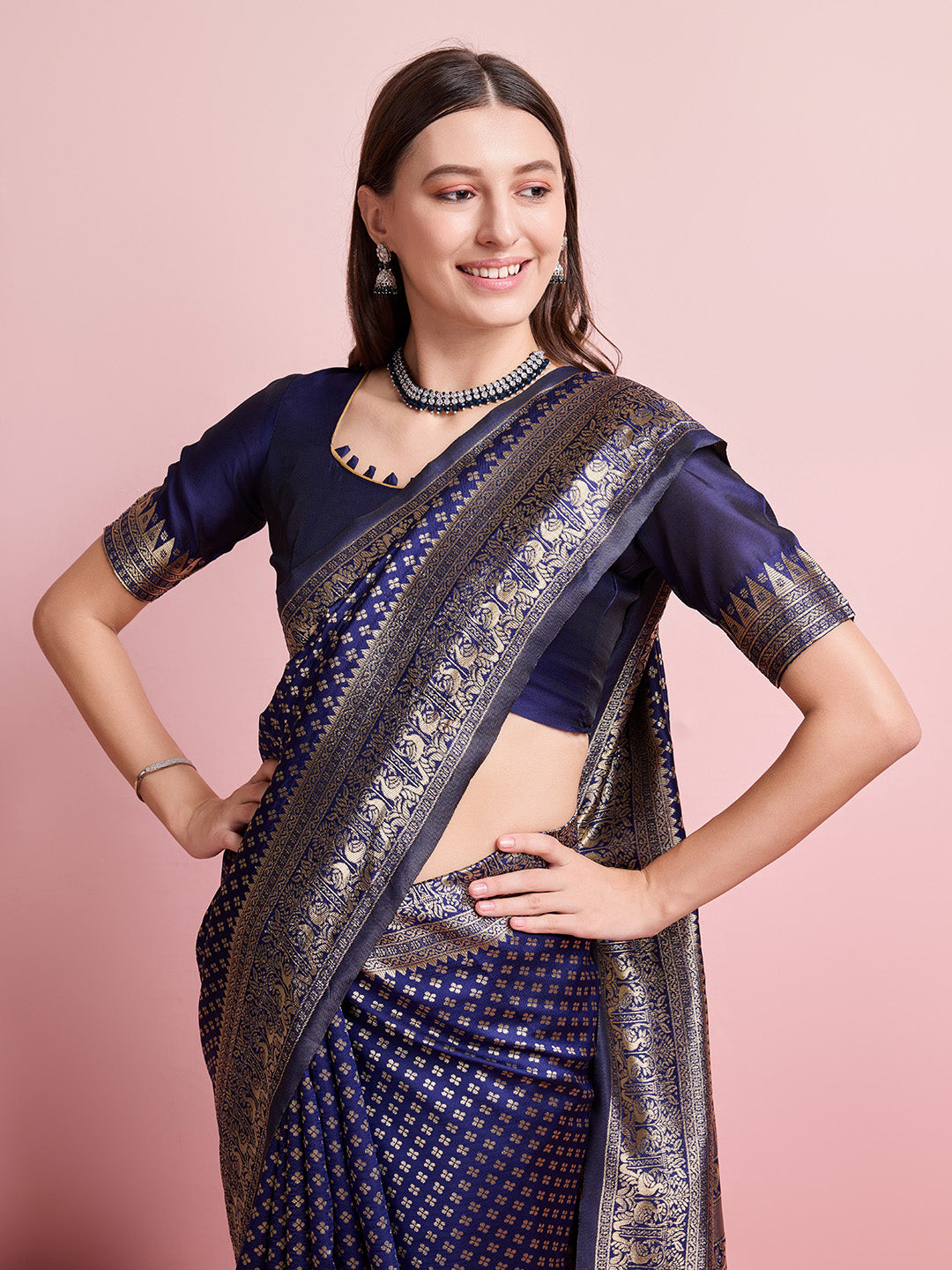 DrapeKatha Midnight Bloom – Jari Weaved Banarasi Silk Blend Saree