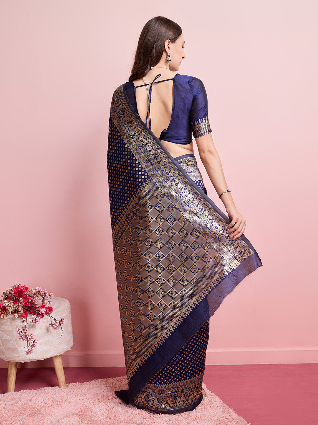 DrapeKatha Midnight Bloom – Jari Weaved Banarasi Silk Blend Saree