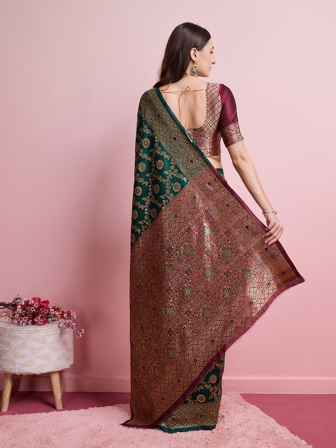 DrapeKatha Neem Elegance – Digital Print Banarasi Silk Blend Saree