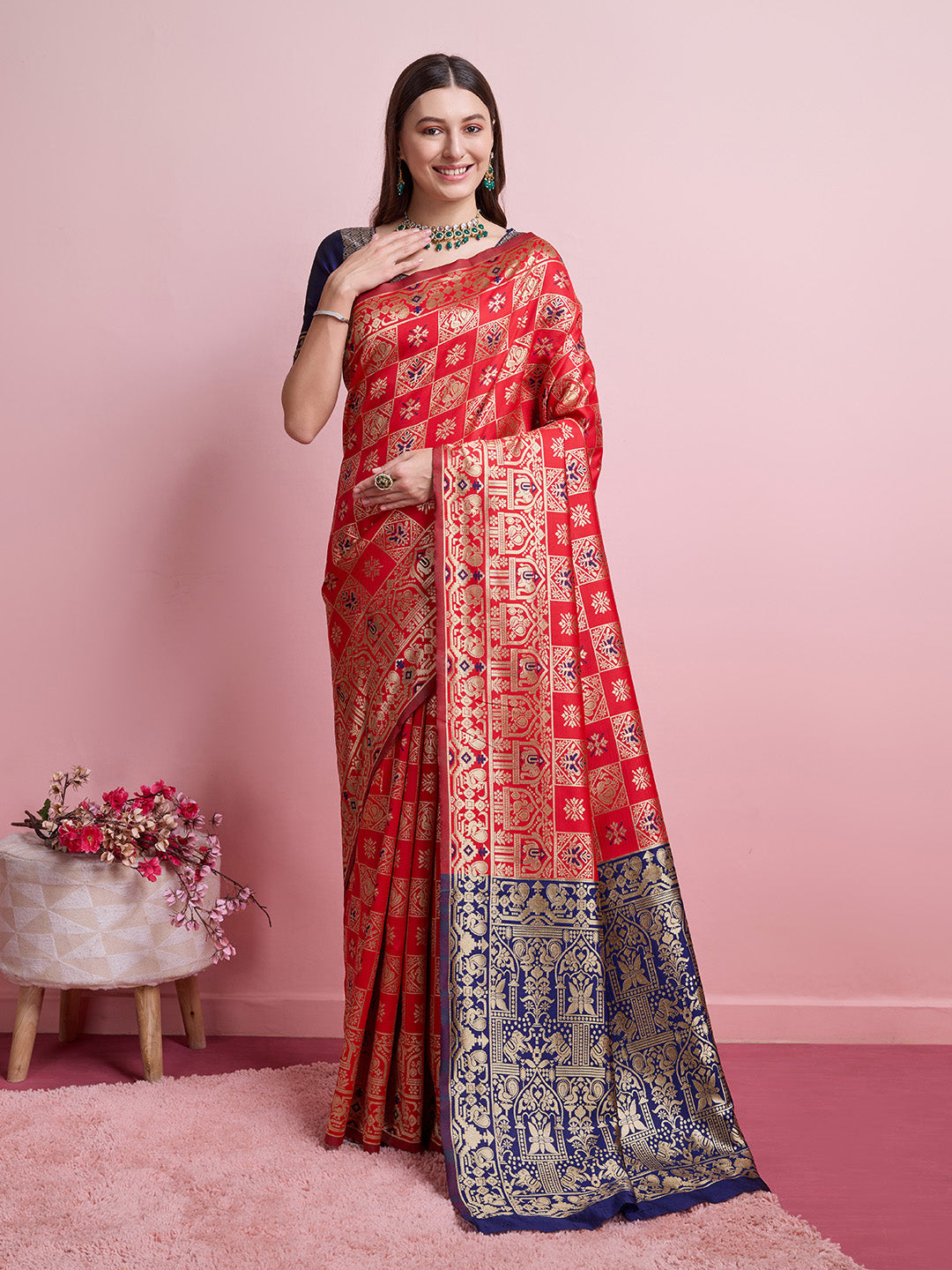 DrapeKatha Scarlet Bloom – Digital Print Banarasi Silk Blend Saree