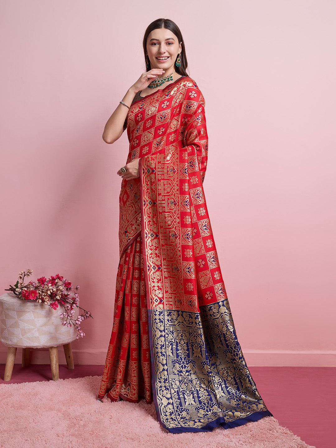 DrapeKatha Scarlet Bloom – Digital Print Banarasi Silk Blend Saree