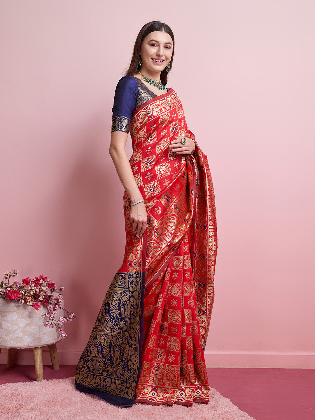 DrapeKatha Scarlet Bloom – Digital Print Banarasi Silk Blend Saree
