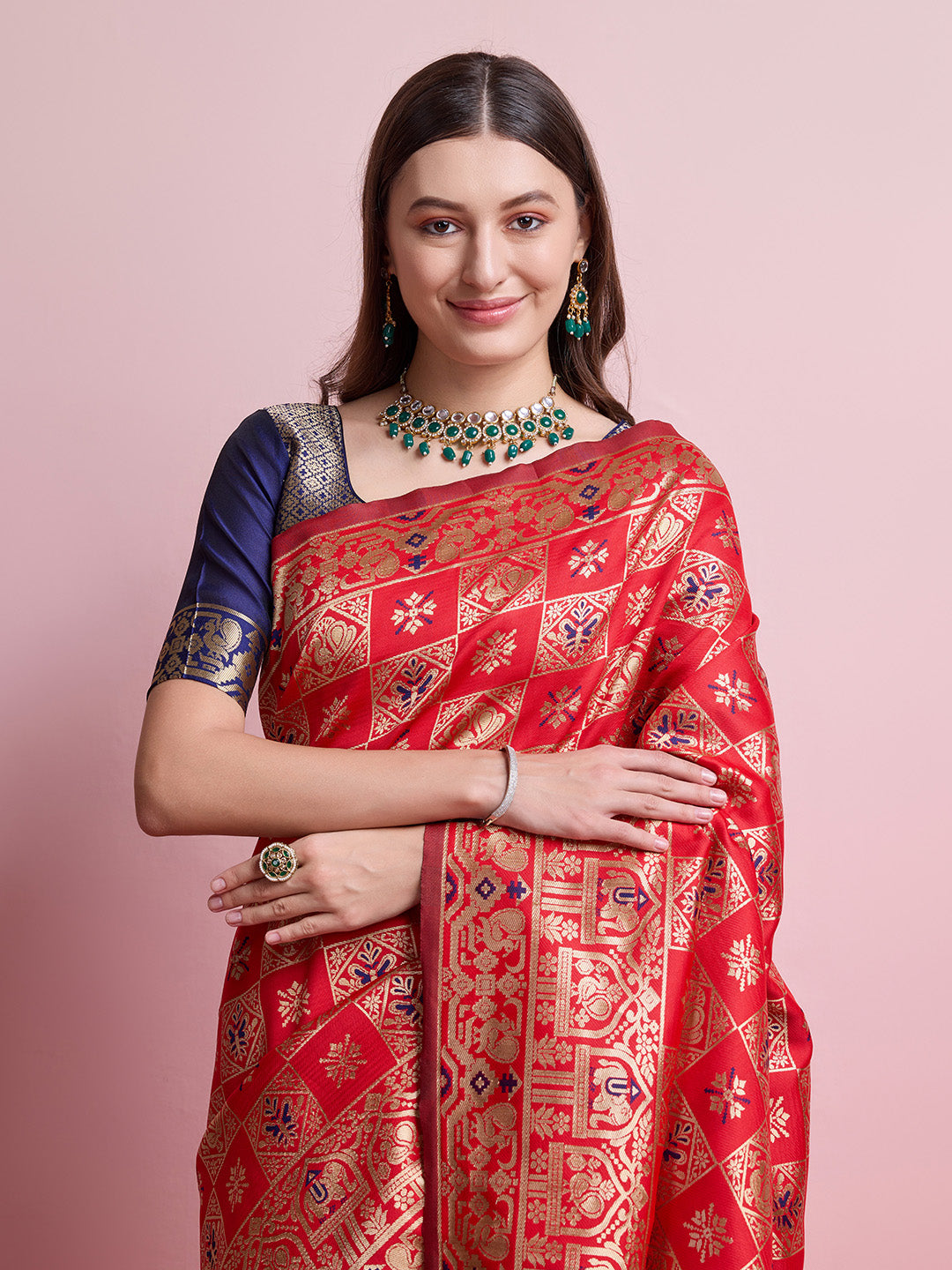DrapeKatha Scarlet Bloom – Digital Print Banarasi Silk Blend Saree