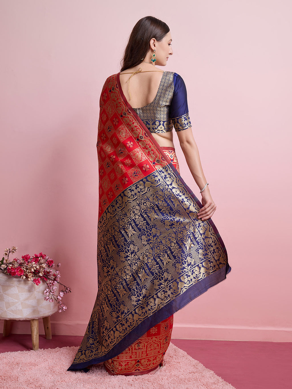 DrapeKatha Scarlet Bloom – Digital Print Banarasi Silk Blend Saree
