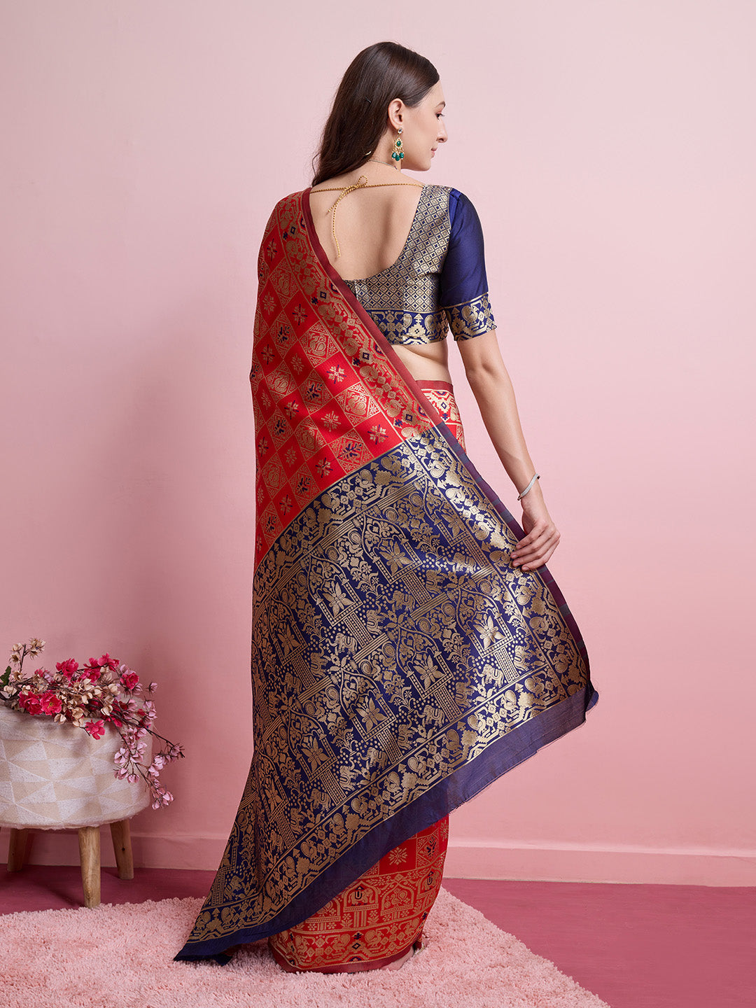 DrapeKatha Scarlet Bloom – Digital Print Banarasi Silk Blend Saree