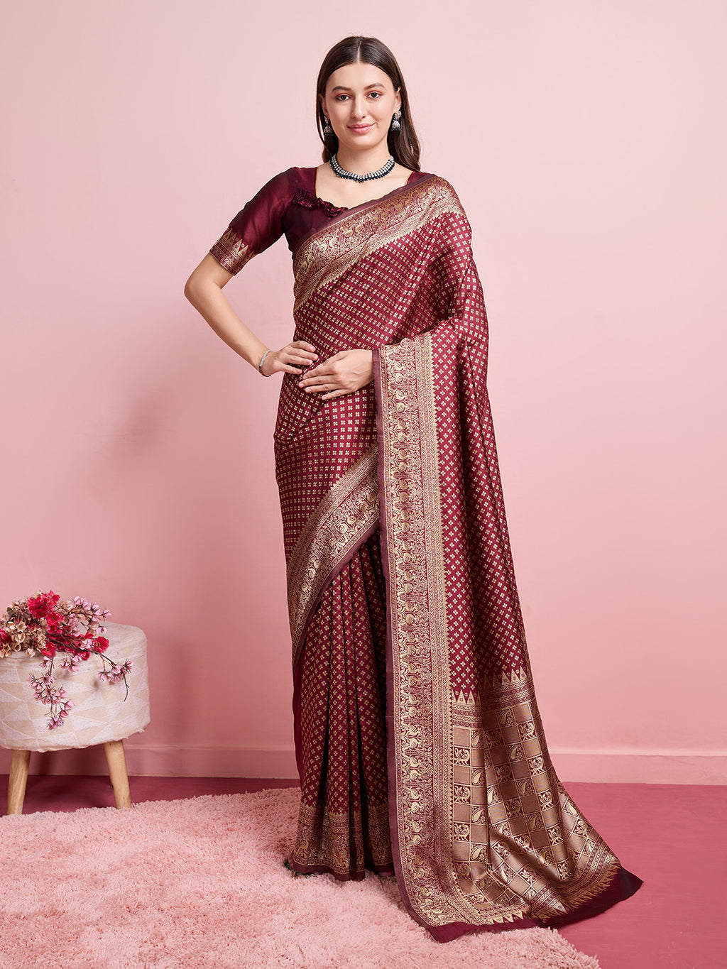 DrapeKatha Vintage Rouge – Jari Weaved Banarasi Silk Blend Saree