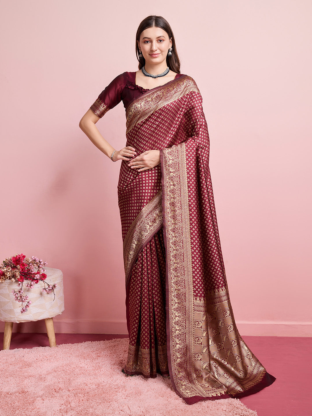 DrapeKatha Vintage Rouge – Jari Weaved Banarasi Silk Blend Saree