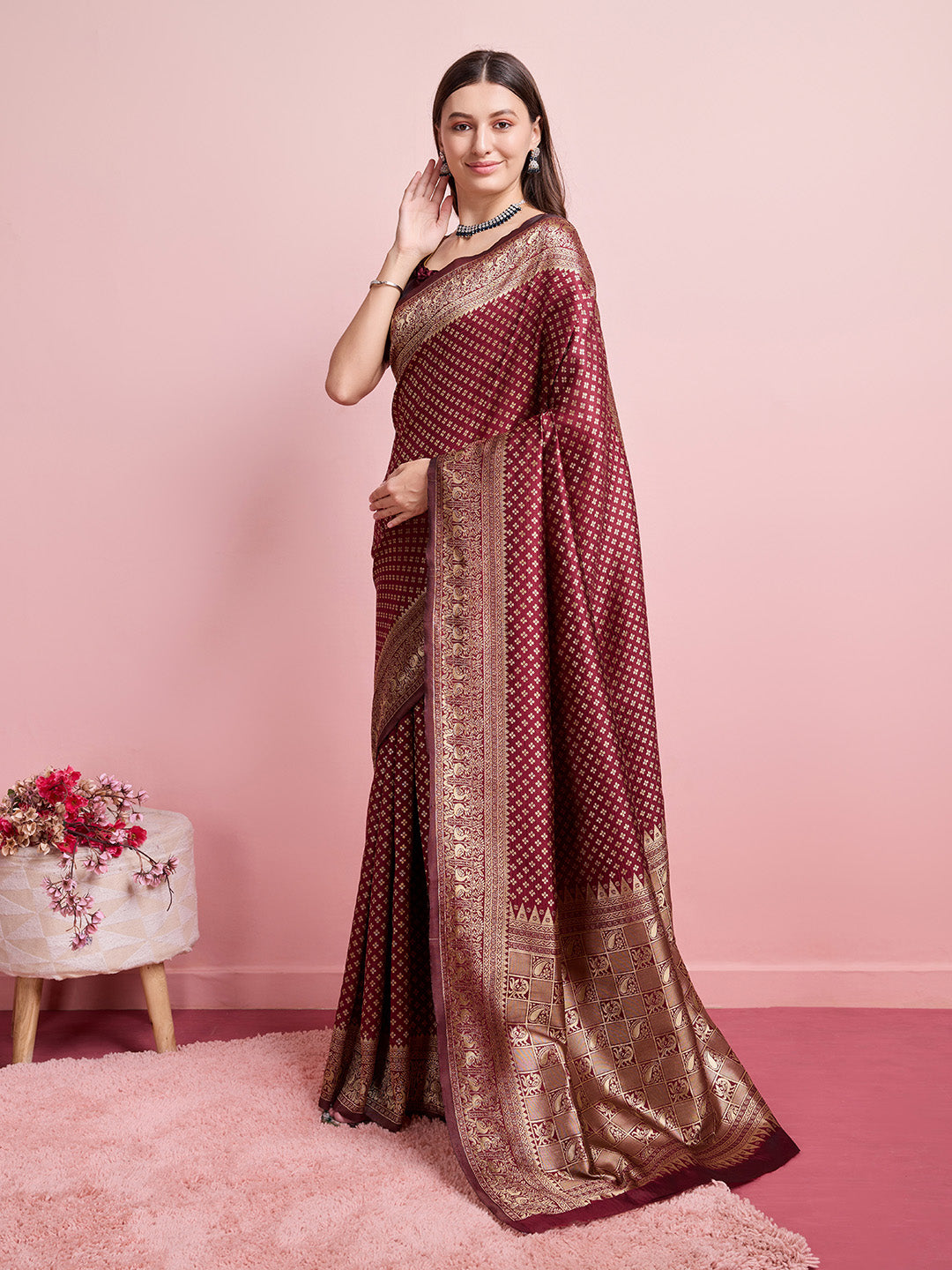 DrapeKatha Vintage Rouge – Jari Weaved Banarasi Silk Blend Saree