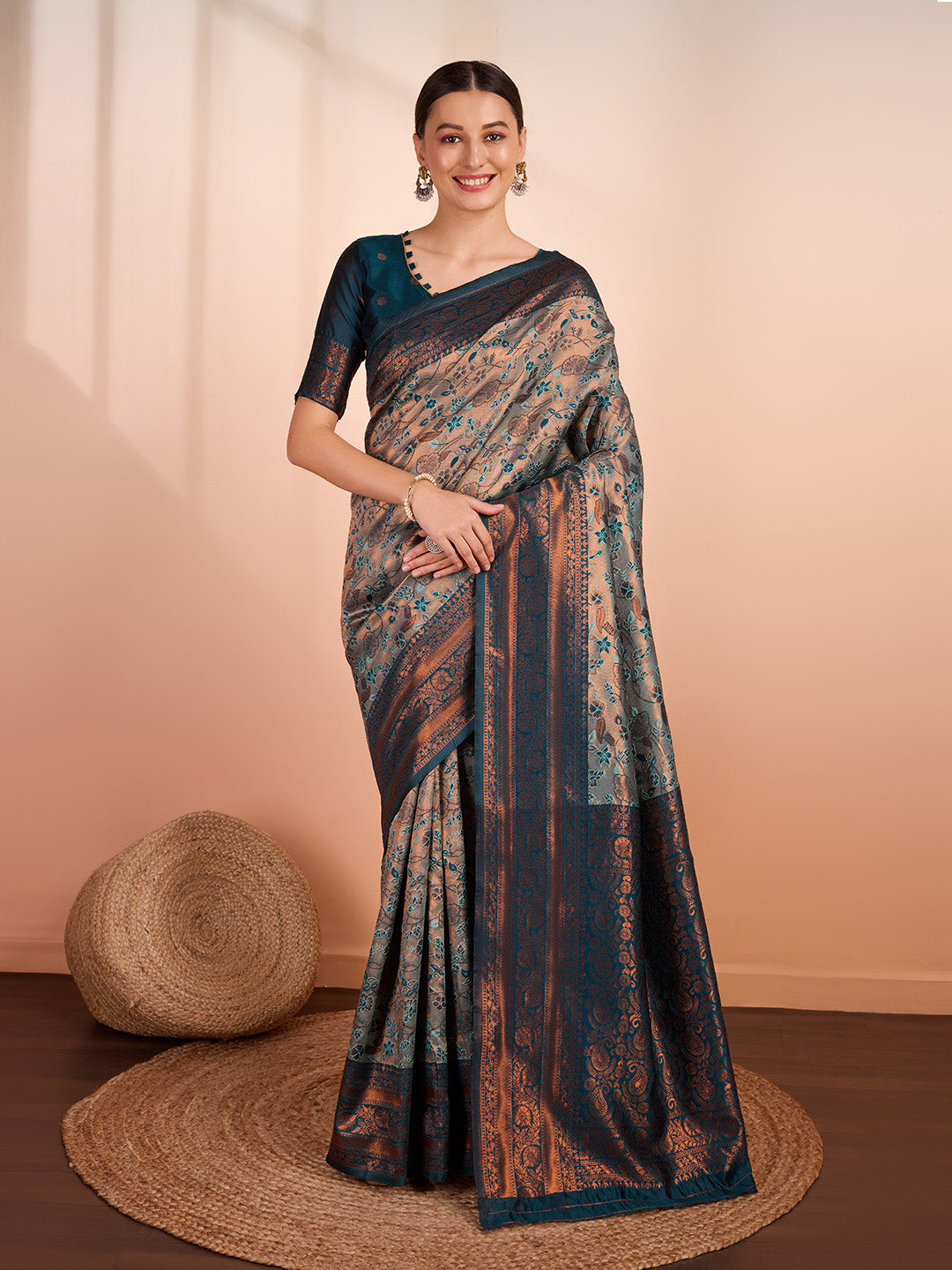 DrapeKatha Pistachio Charm – Woven Banarasi Pure Silk Saree