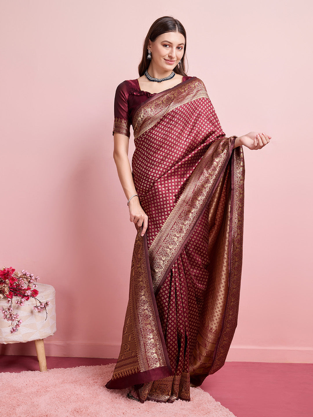 DrapeKatha Vintage Rouge – Jari Weaved Banarasi Silk Blend Saree