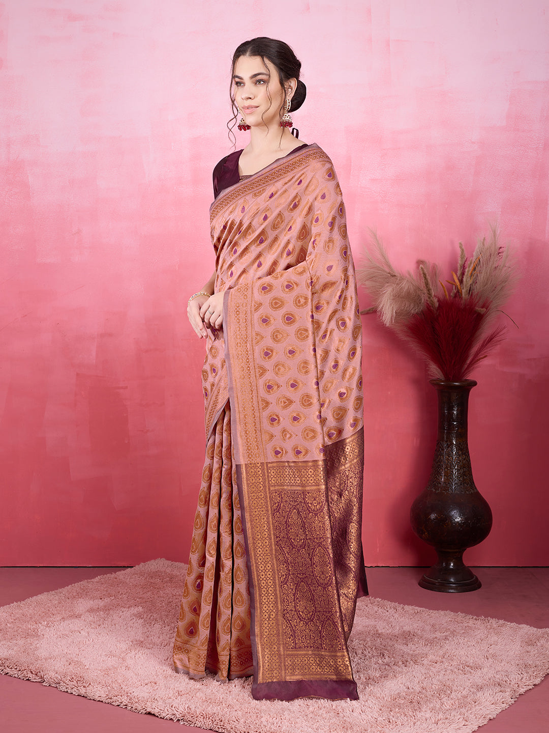 DrapeKatha Rose Reverie – Woven Bollywood Pure Silk Saree