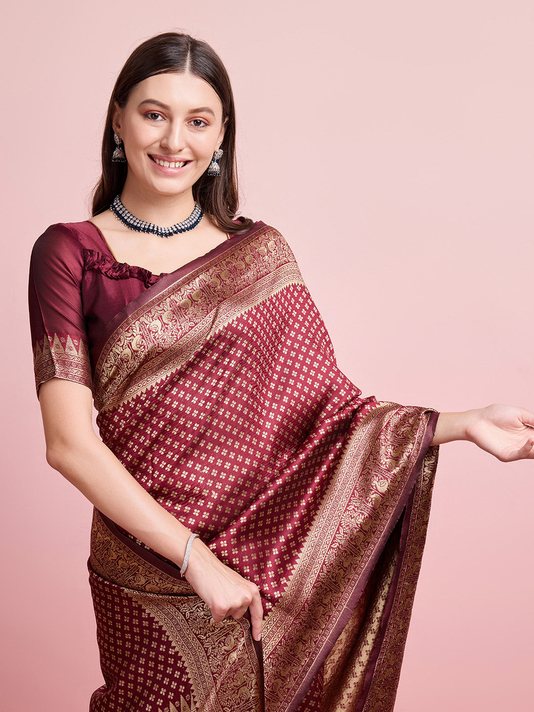 DrapeKatha Vintage Rouge – Jari Weaved Banarasi Silk Blend Saree