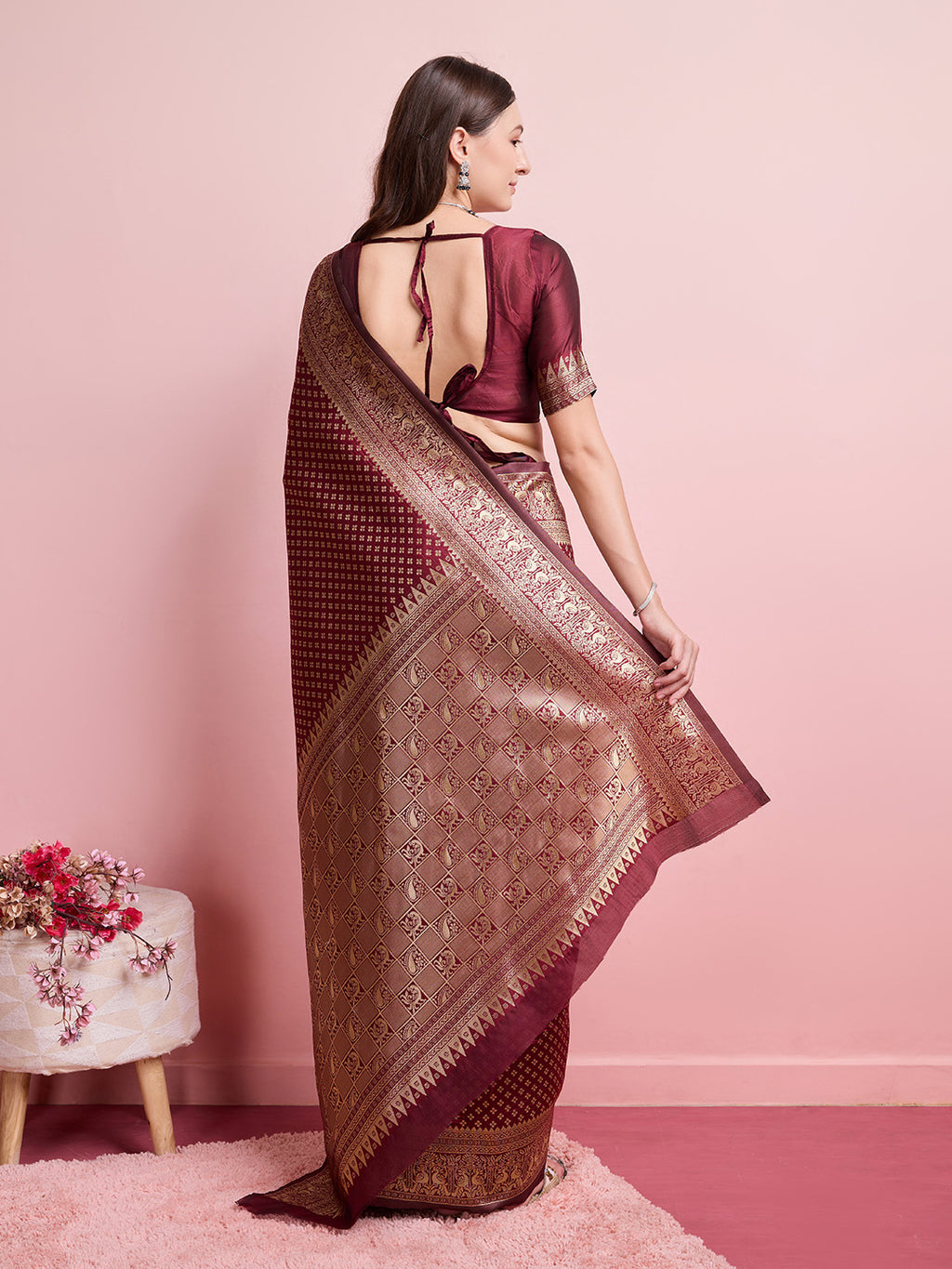 DrapeKatha Vintage Rouge – Jari Weaved Banarasi Silk Blend Saree