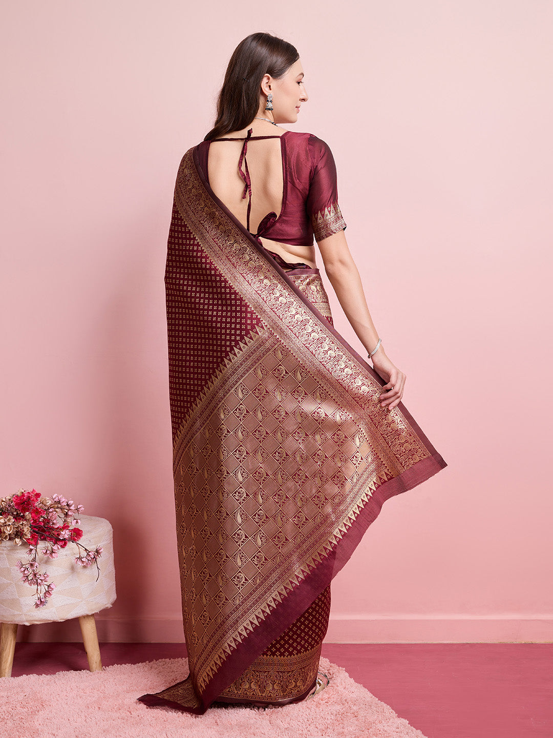 DrapeKatha Vintage Rouge – Jari Weaved Banarasi Silk Blend Saree