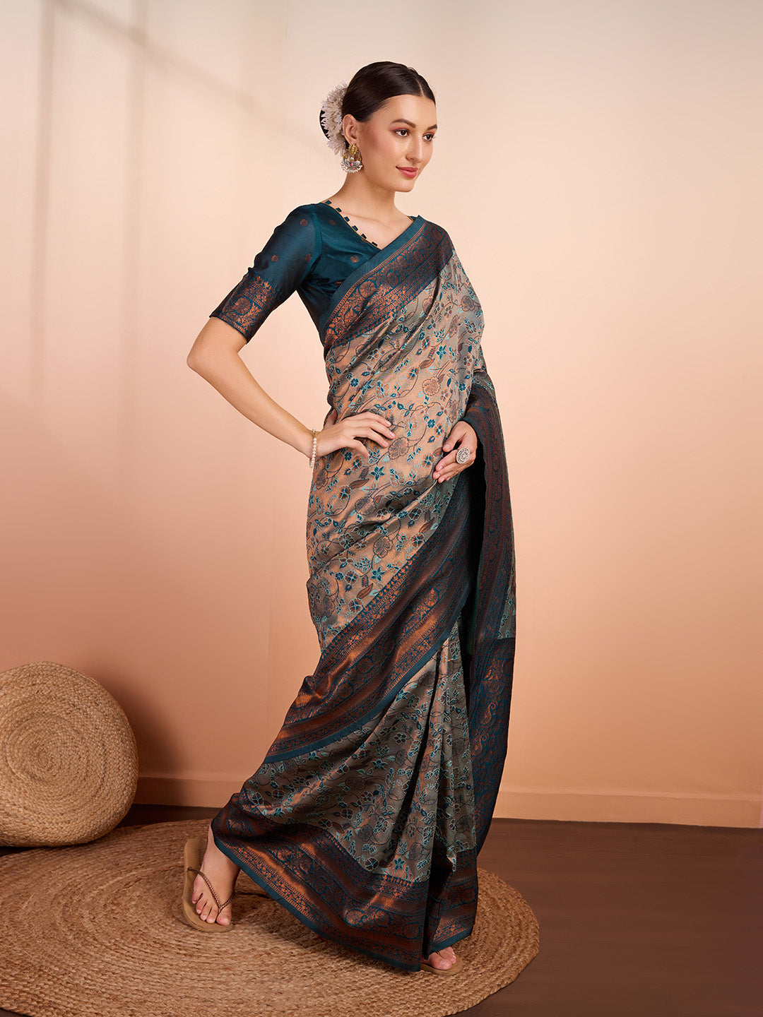 DrapeKatha Pistachio Charm – Woven Banarasi Pure Silk Saree