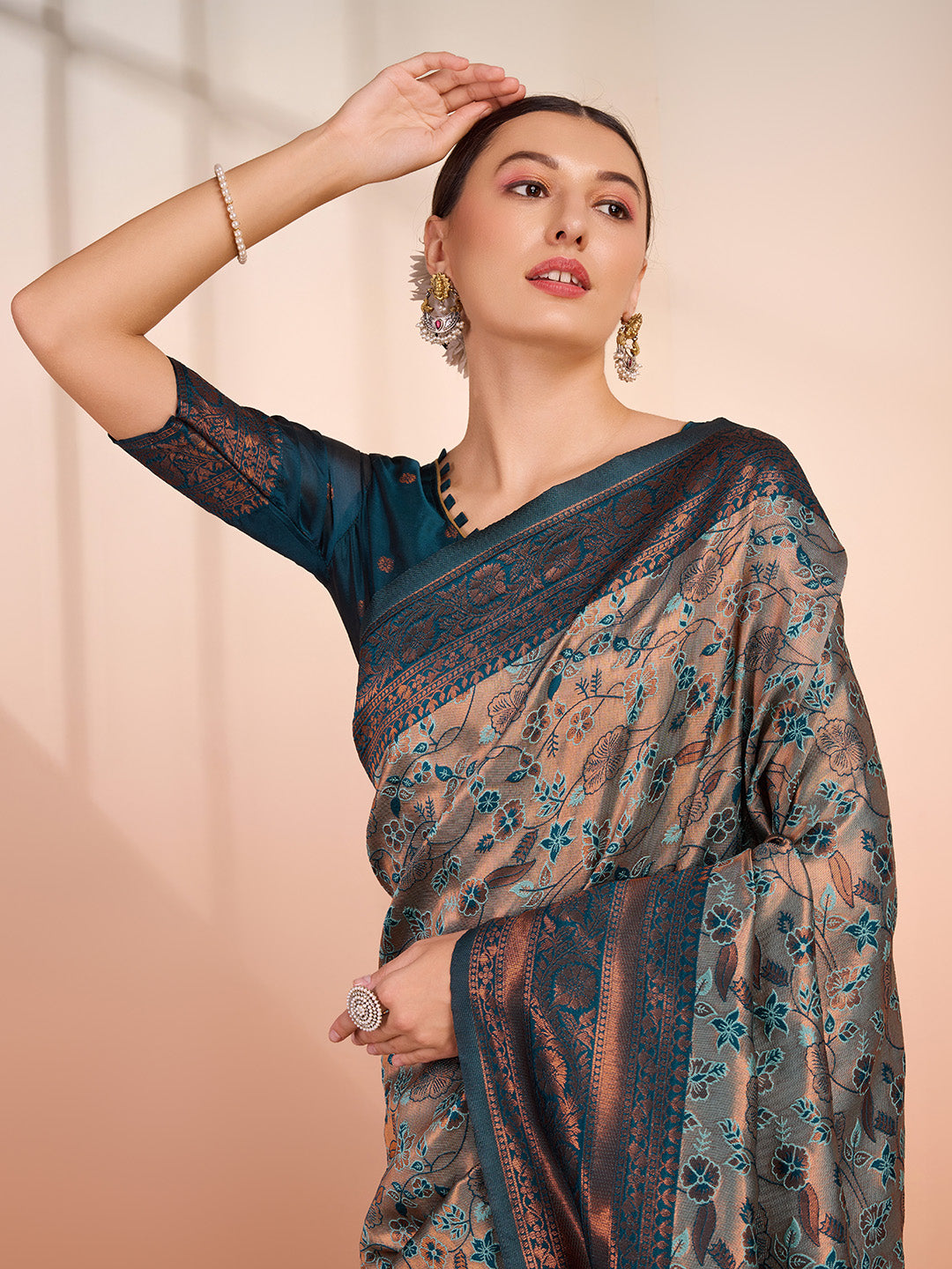 DrapeKatha Pistachio Charm – Woven Banarasi Pure Silk Saree