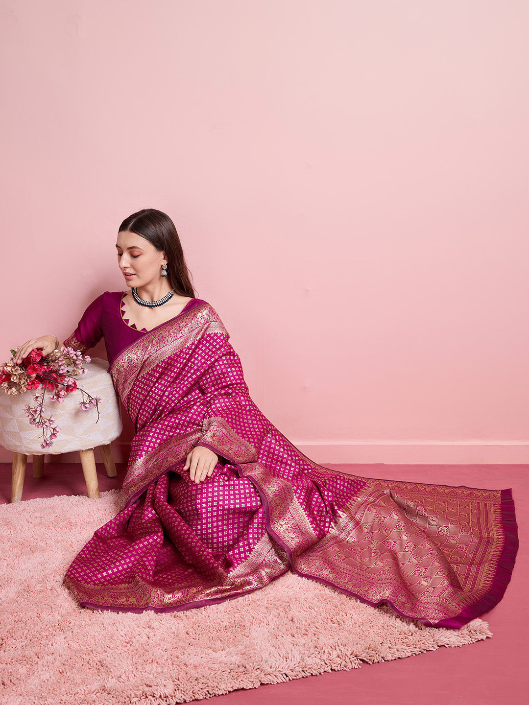 DrapeKatha Royal Blossom – Jari Weaved Banarasi Silk Blend Saree