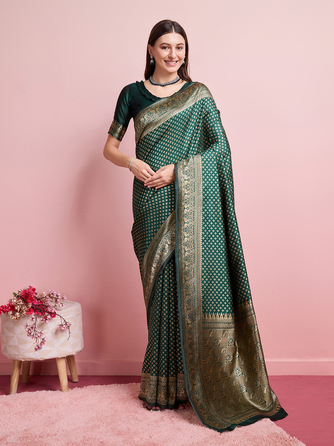 DrapeKatha Emerald Aura – Jari Weaved Banarasi Silk Blend Saree