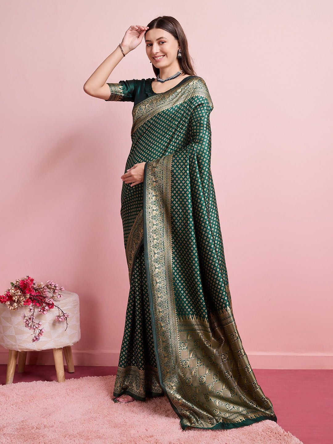 DrapeKatha Emerald Aura – Jari Weaved Banarasi Silk Blend Saree