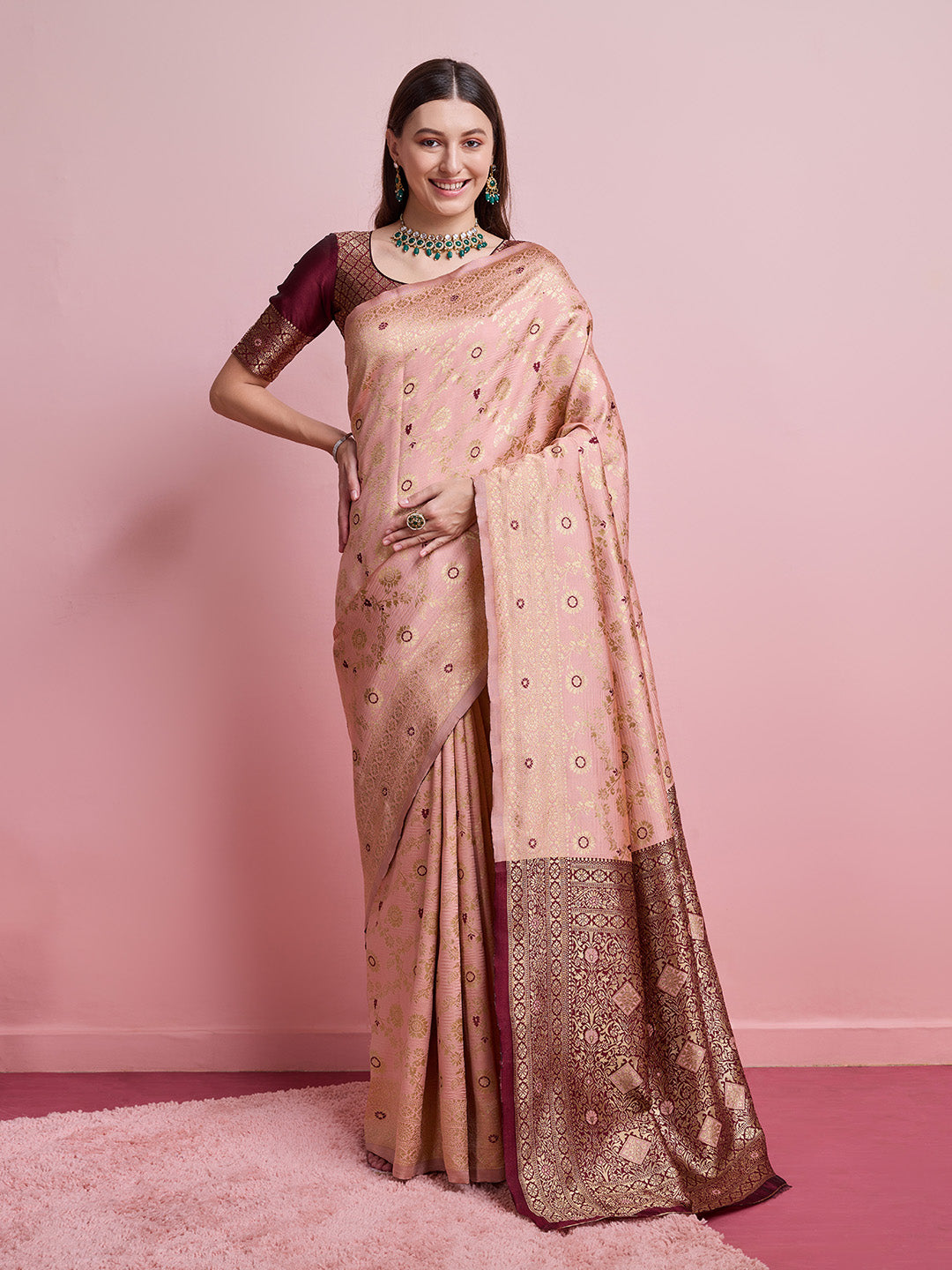 DrapeKatha Saffron Saga – Digital Print Banarasi Silk Blend Saree