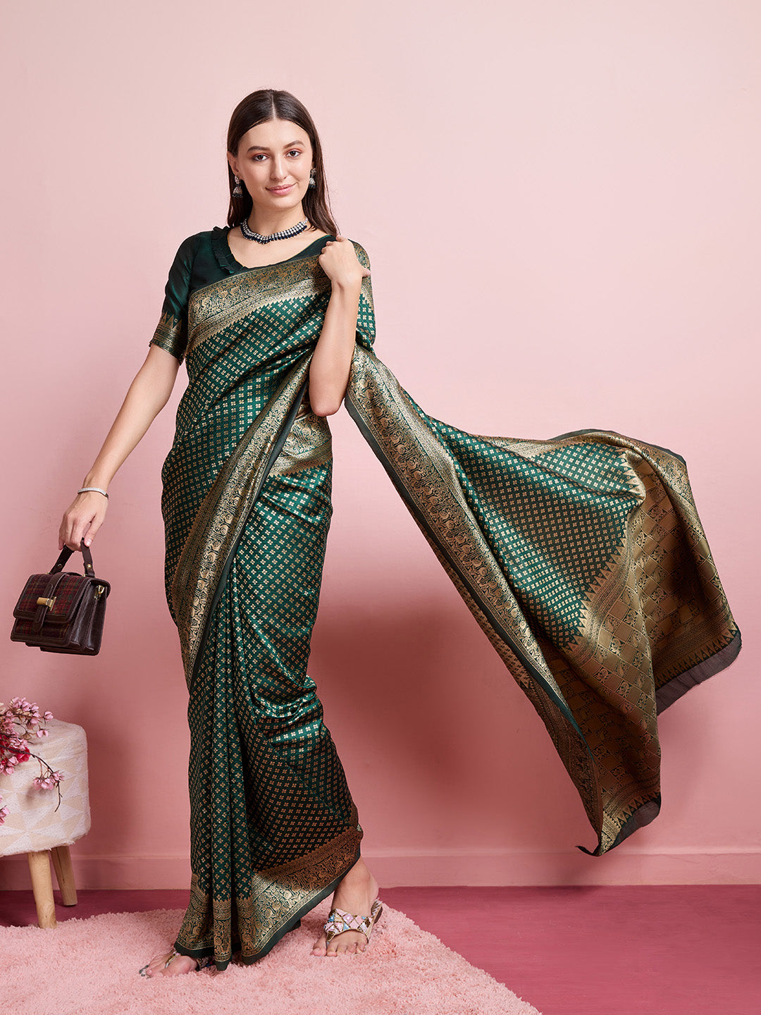 DrapeKatha Emerald Aura – Jari Weaved Banarasi Silk Blend Saree