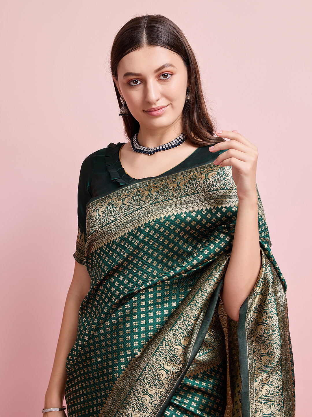 DrapeKatha Emerald Aura – Jari Weaved Banarasi Silk Blend Saree