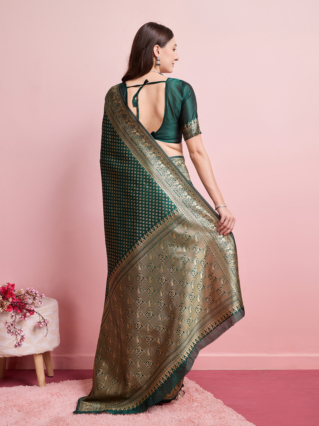 DrapeKatha Emerald Aura – Jari Weaved Banarasi Silk Blend Saree