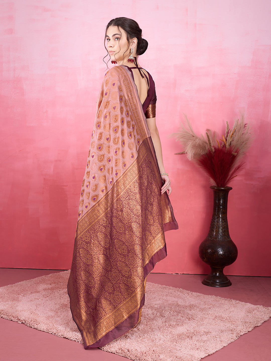 DrapeKatha Rose Reverie – Woven Bollywood Pure Silk Saree