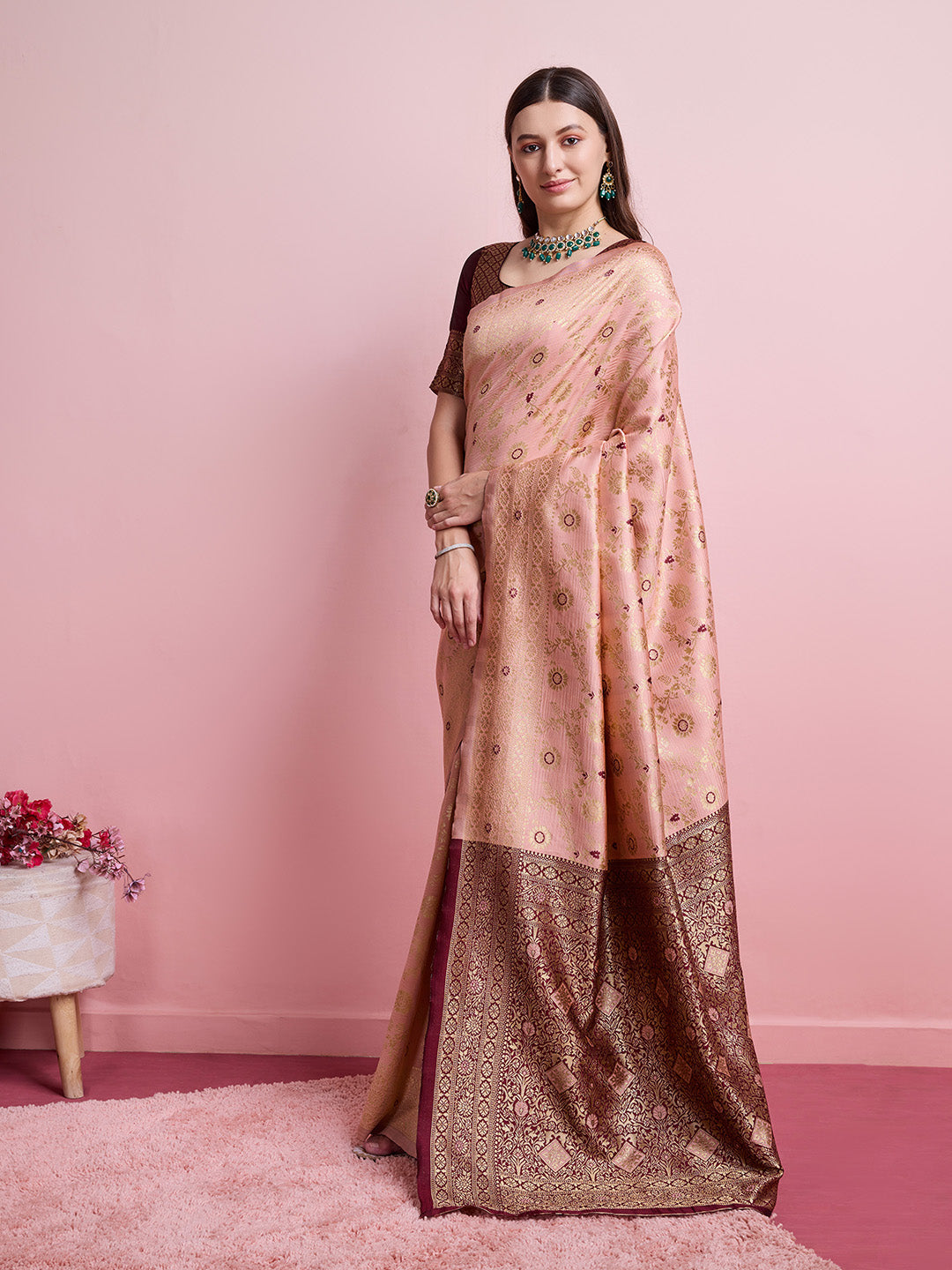 DrapeKatha Saffron Saga – Digital Print Banarasi Silk Blend Saree