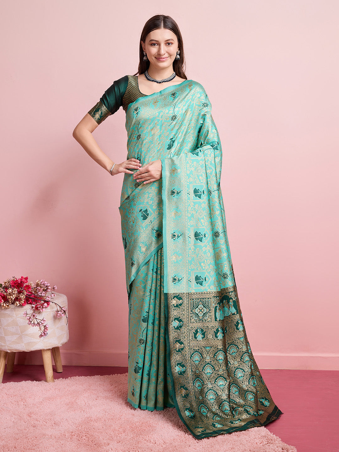 DrapeKatha Meadow Charm – Digital Print Banarasi Silk Blend Saree