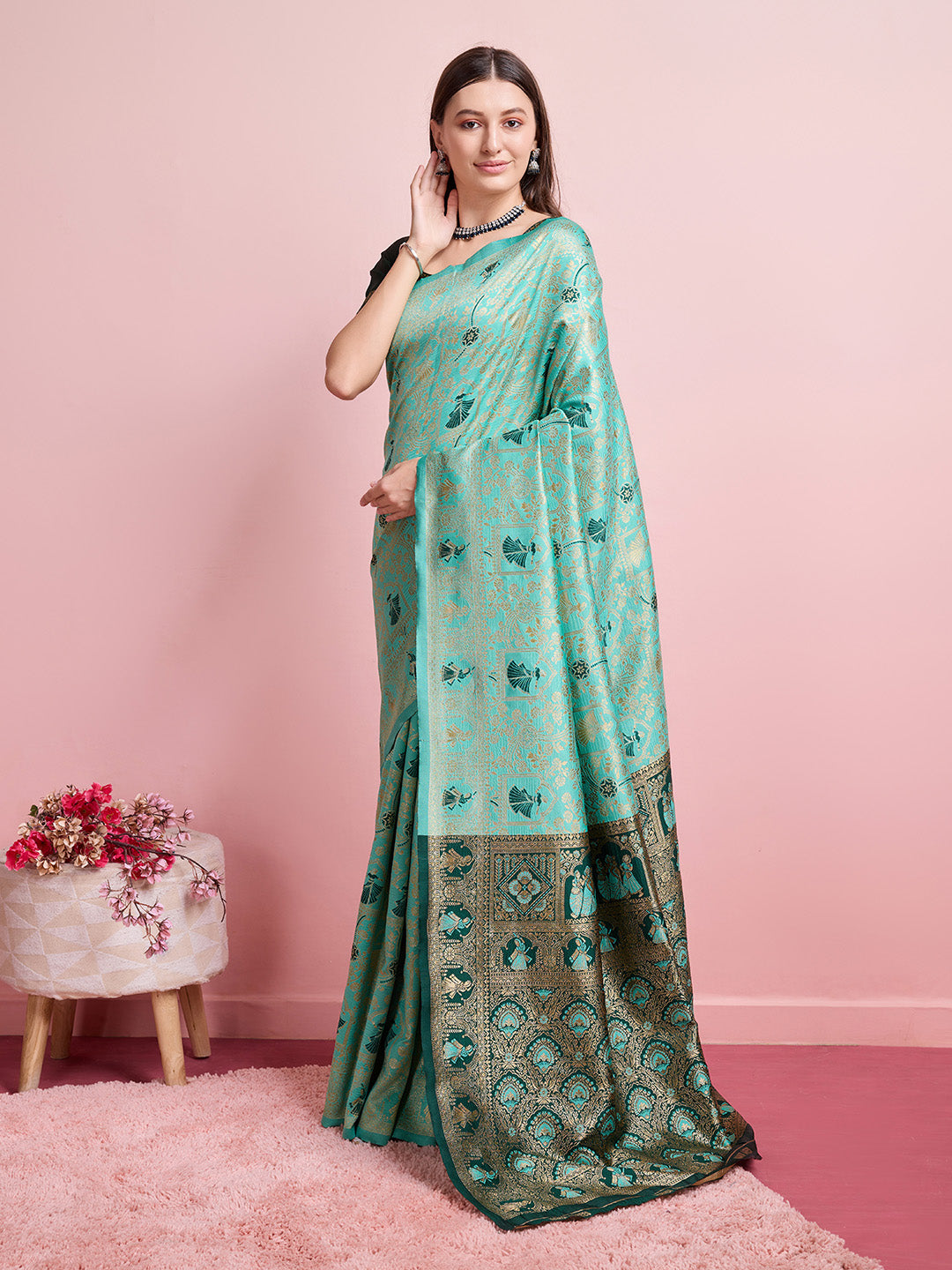 DrapeKatha Meadow Charm – Digital Print Banarasi Silk Blend Saree