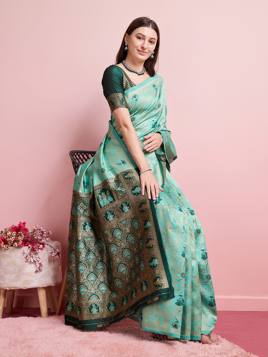 DrapeKatha Meadow Charm – Digital Print Banarasi Silk Blend Saree