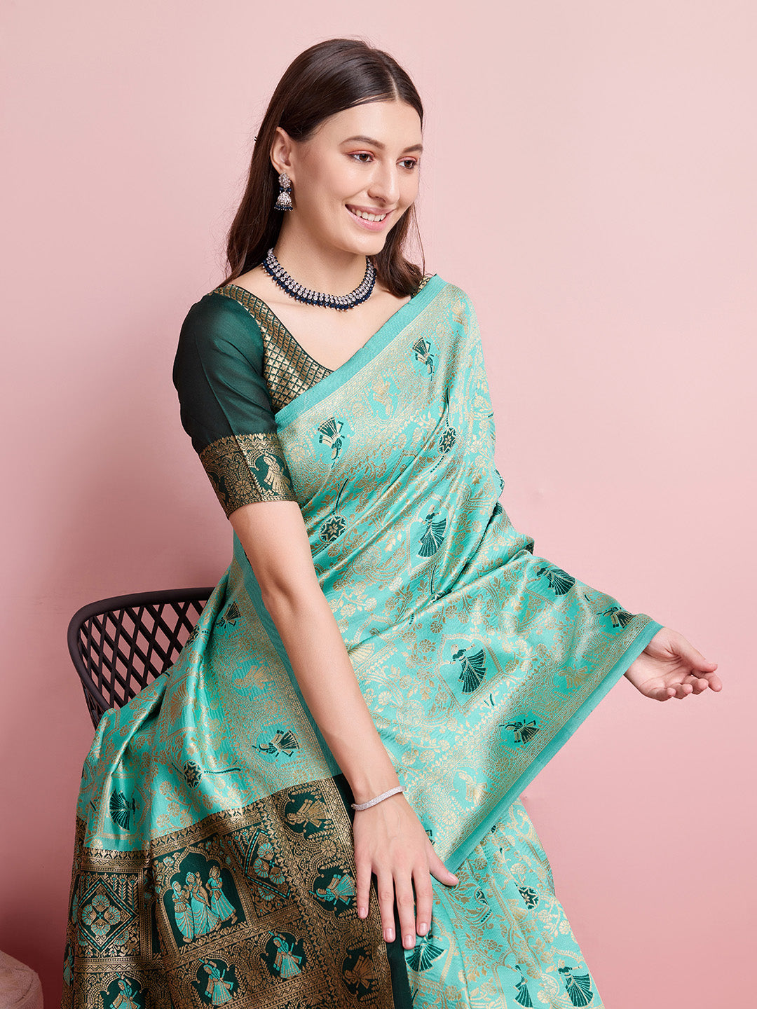 DrapeKatha Meadow Charm – Digital Print Banarasi Silk Blend Saree