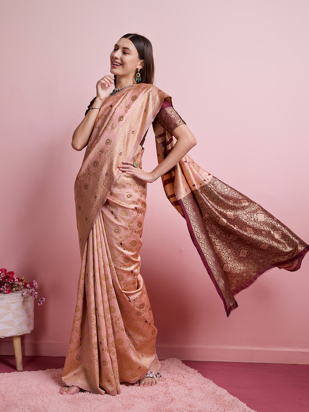 DrapeKatha Saffron Saga – Digital Print Banarasi Silk Blend Saree