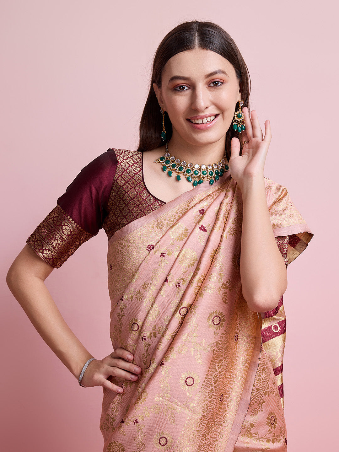 DrapeKatha Saffron Saga – Digital Print Banarasi Silk Blend Saree