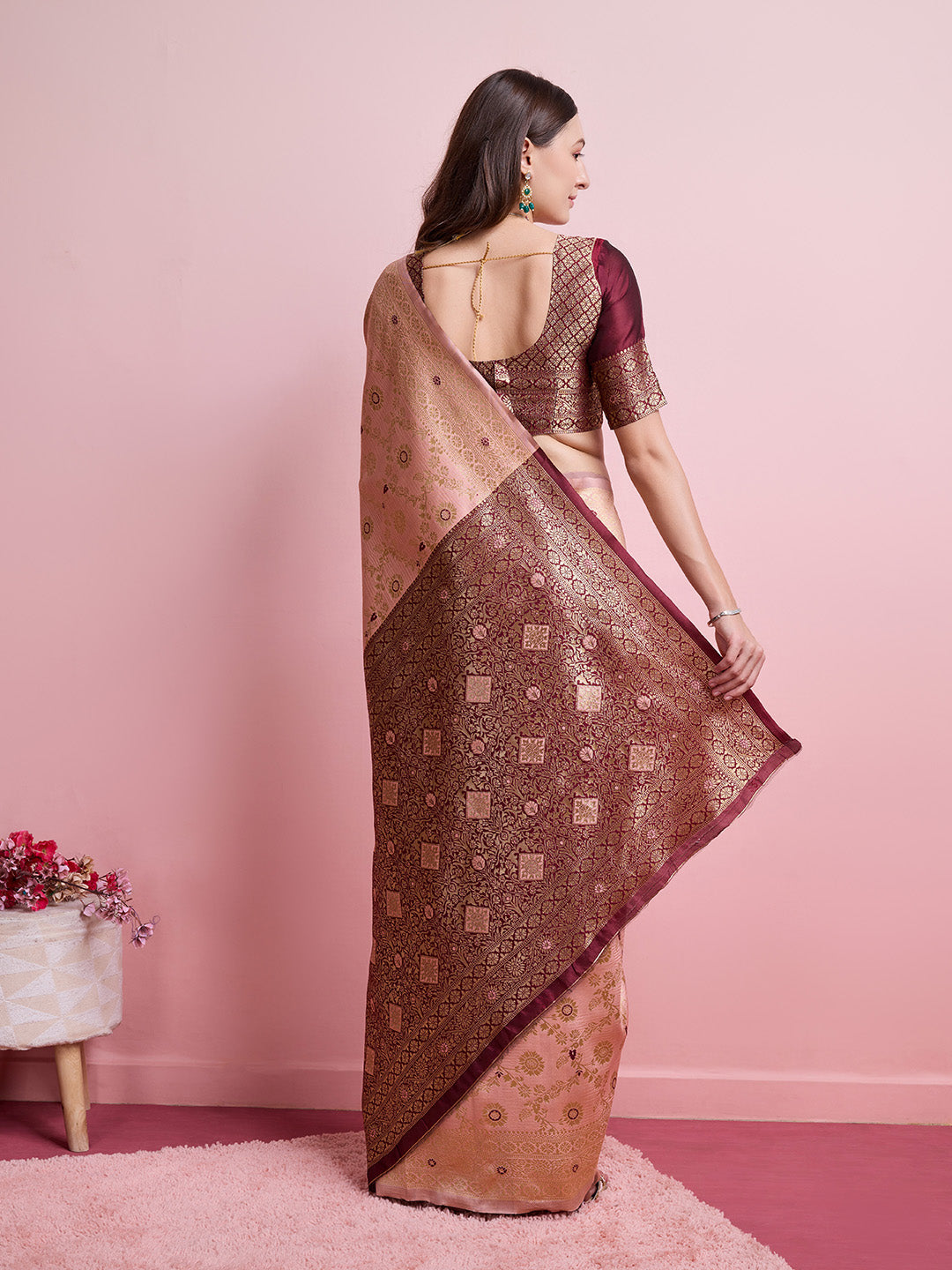 DrapeKatha Saffron Saga – Digital Print Banarasi Silk Blend Saree