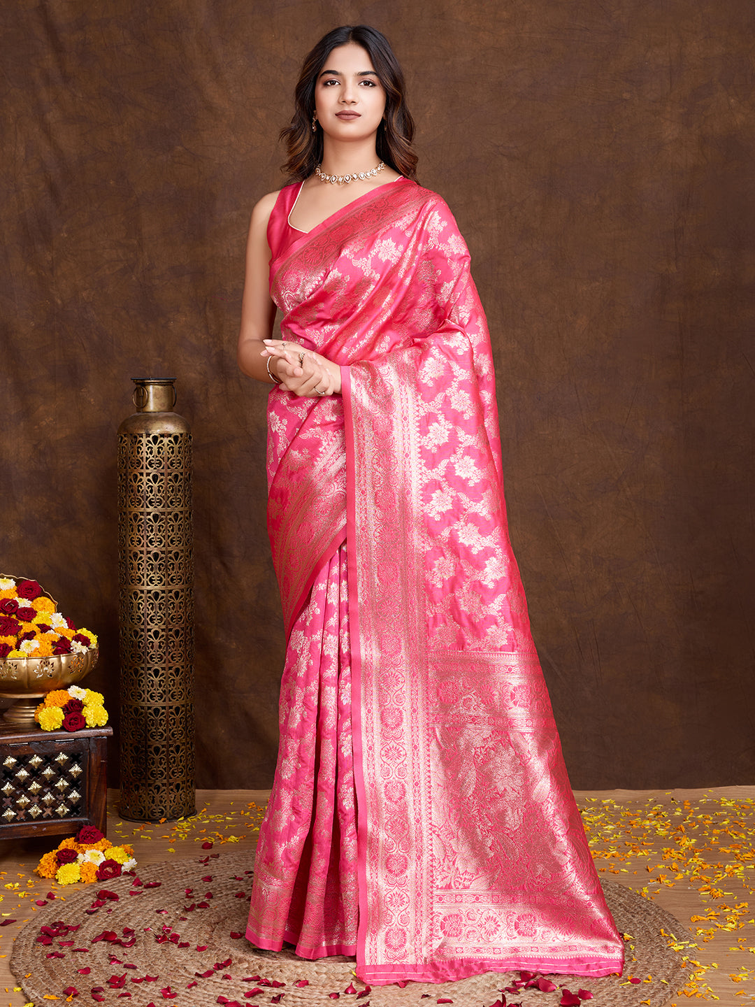 DrapeKatha Rosé Radiance – Woven Bollywood Pure Silk Saree