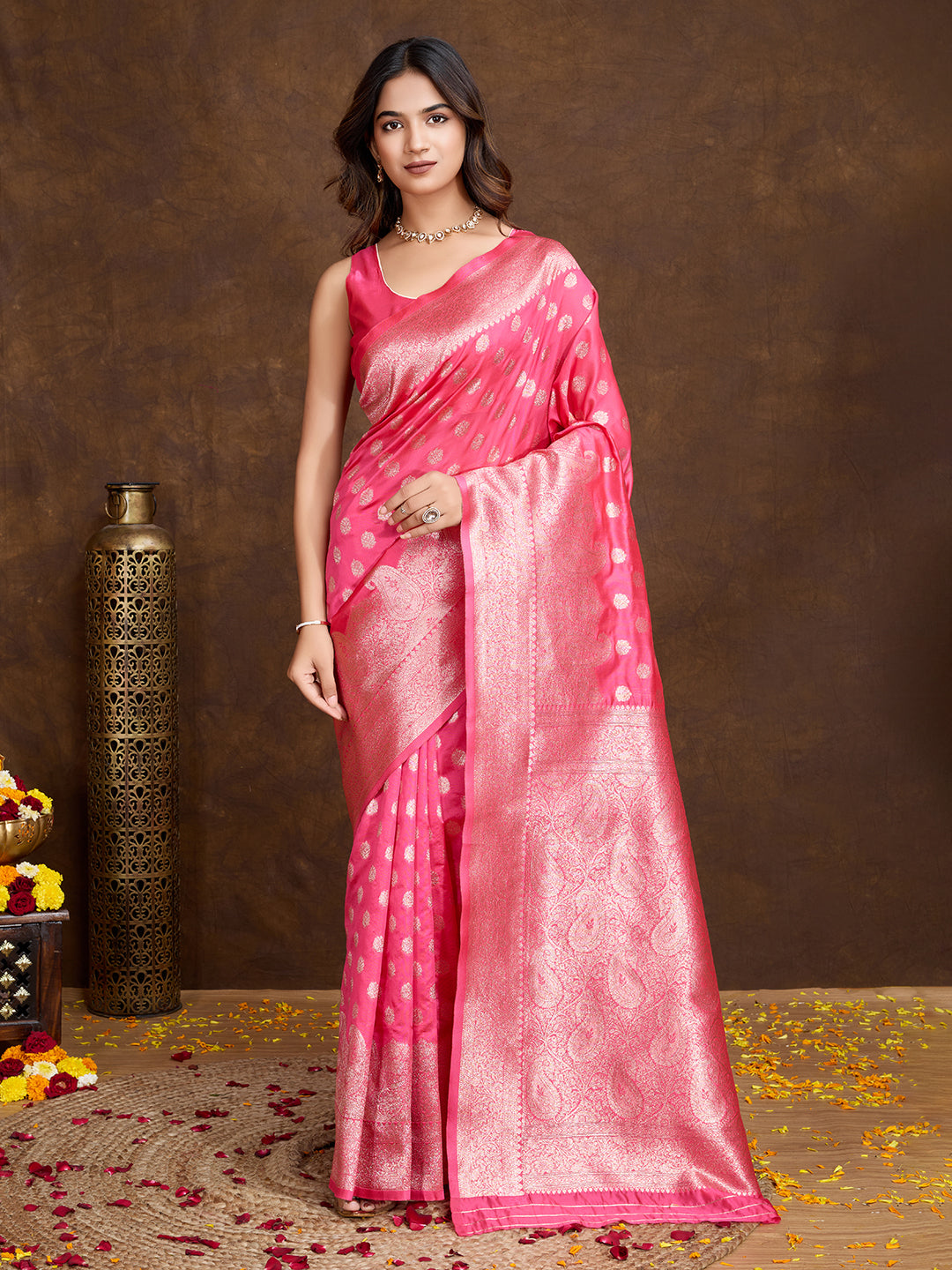 DrapeKatha Rose Charm – Woven Bollywood Pure Silk Saree