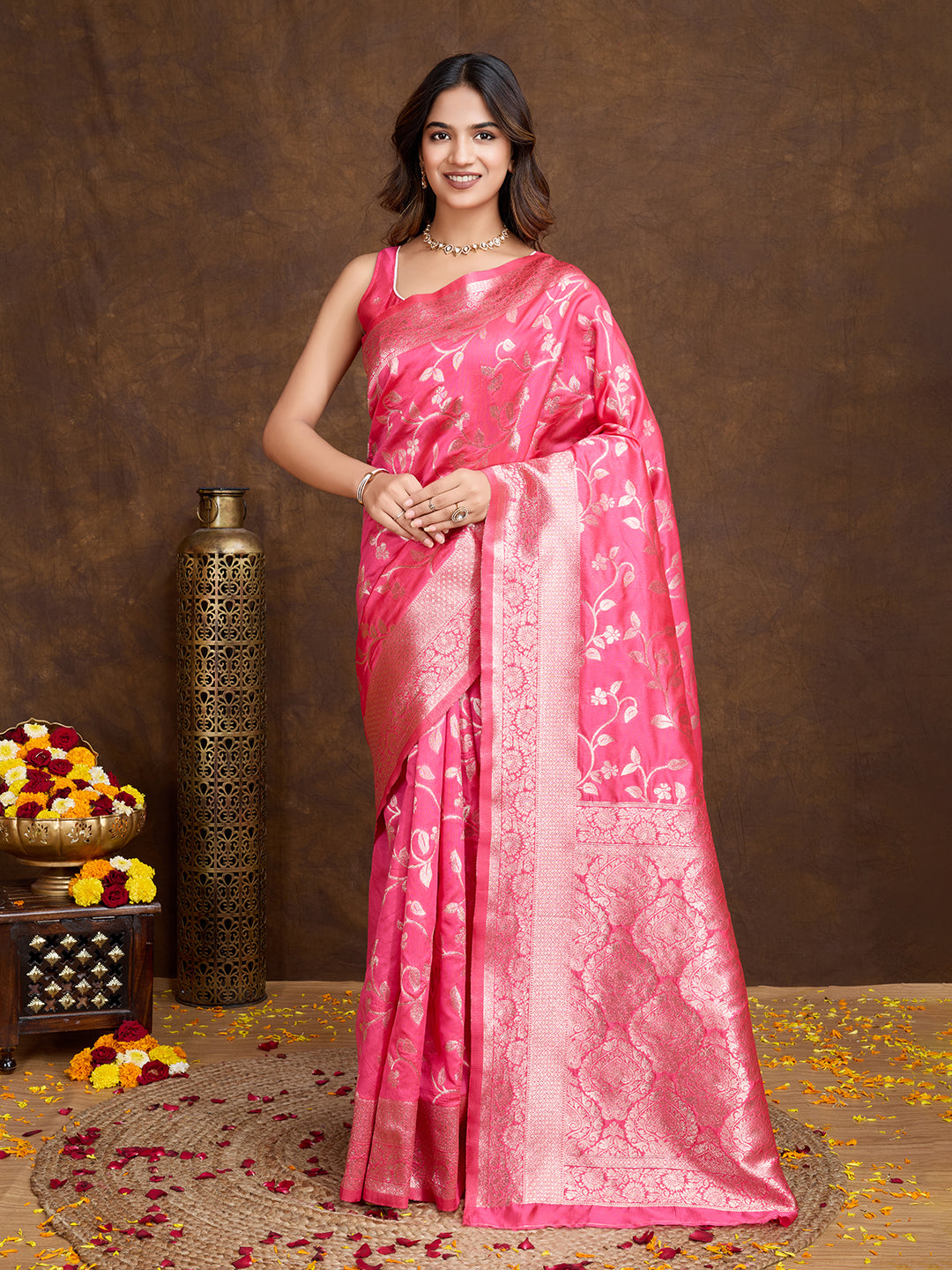DrapeKatha Blush Bloom – Woven Bollywood Pure Silk Saree